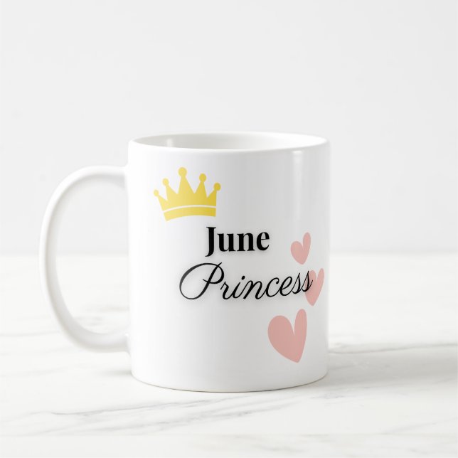 June Princess Mug – Gold Crown & Hearts Design (Left)