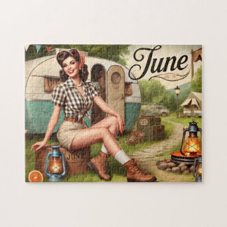 June Retro Summer Camping Pin-Up Girl Jigsaw Puzzle