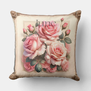 June Rose Birth Month Vintage Botanical Floral Throw Pillow