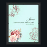 June Rose & Honeysuckle Summer Quote Framed Art<br><div class="desc">Brighten up your space with this June calendar art print in mint green, adorned with romantic roses and vintage honeysuckle sketches. Featuring the quote “Love blooms eternal, as fragrant as the summer breeze, ” this elegant design captures the essence of early summer romance. Ideal as a digital download or Zazzle...</div>