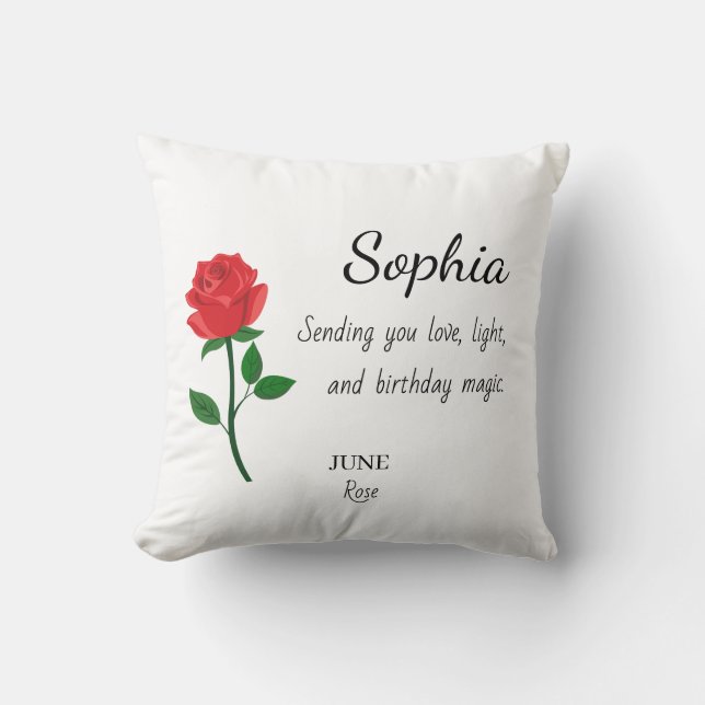 June Rose Personalized Birthday Throw Pillow (Front)