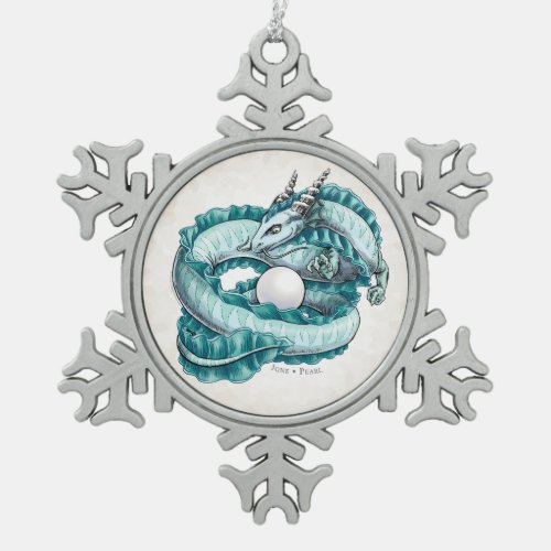 Junes Birthstone Dragon Pearl Snowflake Pewter Christmas Ornament