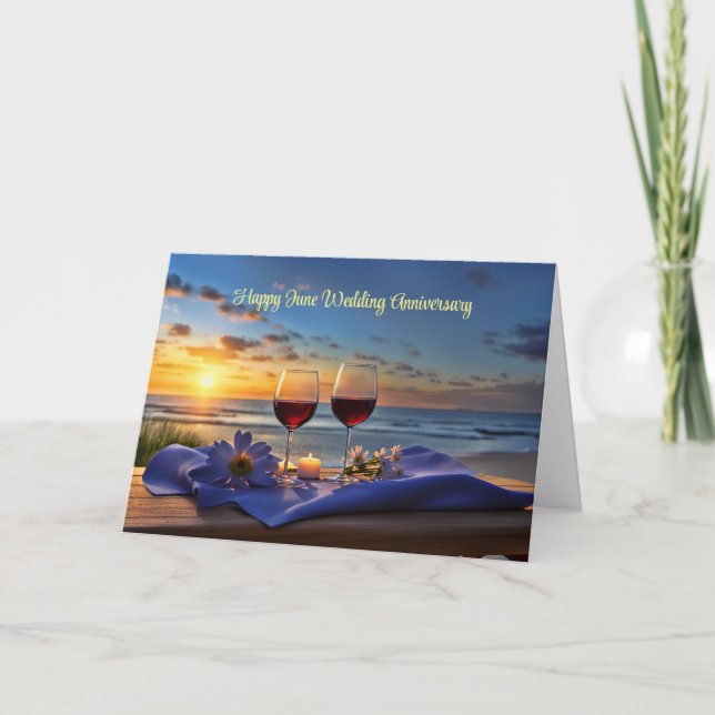 June Wedding Anniversary Romantic with Wine Holiday Card (Front)