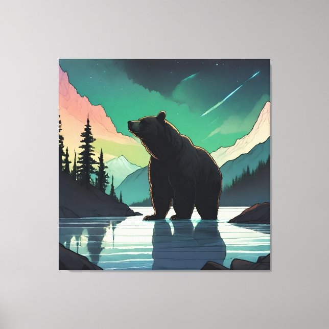 Juneau Alaska grizzly bear aurora northern lights  Canvas Print (Front)