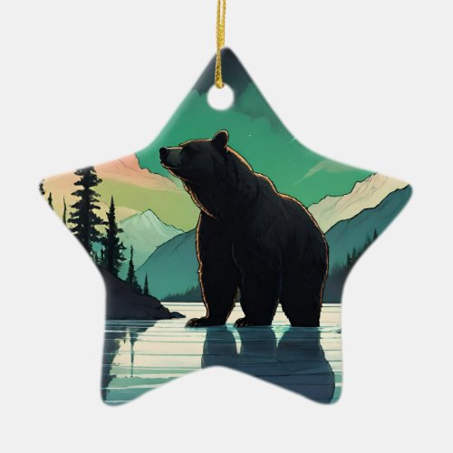 Juneau Alaska grizzly bear aurora northern lights  Ceramic Ornament