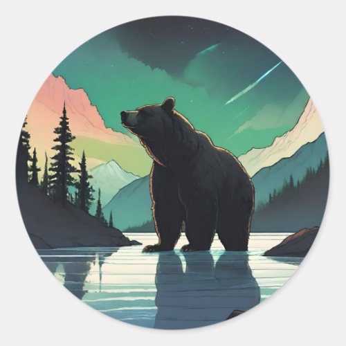 Juneau Alaska grizzly bear aurora northern lights  Classic Round Sticker