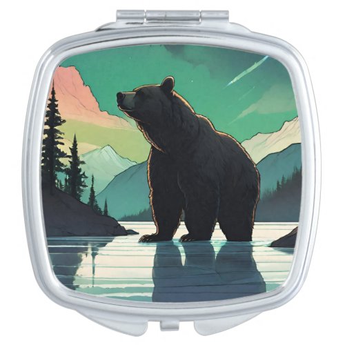 Juneau Alaska grizzly bear aurora northern lights  Compact Mirror