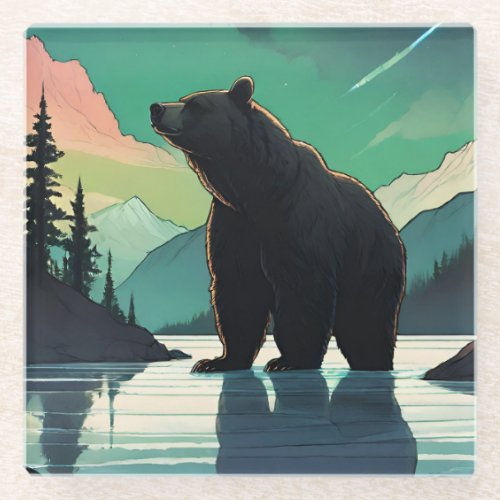 Juneau Alaska grizzly bear aurora northern lights  Glass Coaster