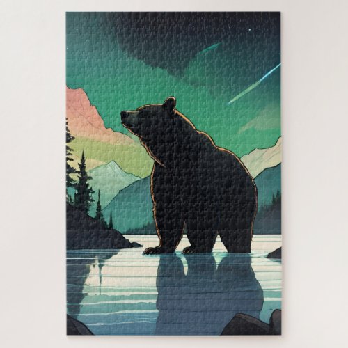 Juneau Alaska grizzly bear aurora northern lights  Jigsaw Puzzle