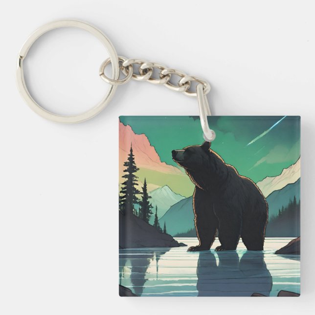 Juneau Alaska grizzly bear aurora northern lights  Keychain (Front)
