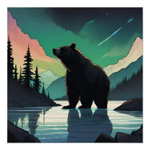 Juneau Alaska grizzly bear aurora northern lights  Poster