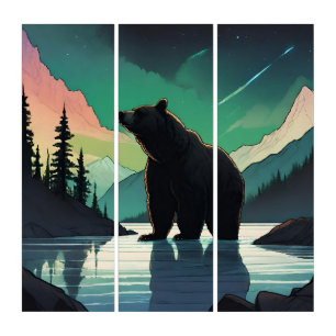 Juneau Alaska grizzly bear aurora northern lights  Triptych