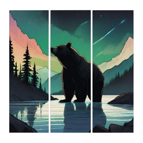 Juneau Alaska grizzly bear aurora northern lights  Triptych