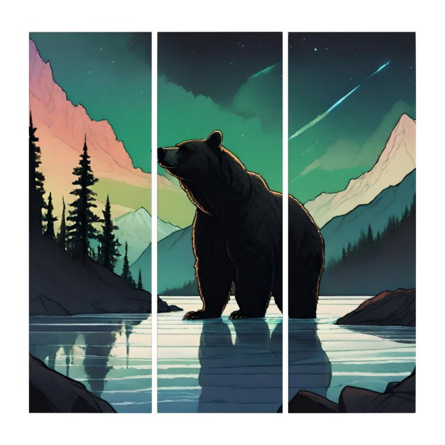 Juneau Alaska grizzly bear aurora northern lights  Triptych (Front)