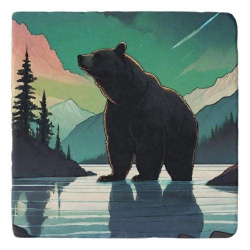 Juneau Alaska grizzly bear aurora northern lights  Trivet