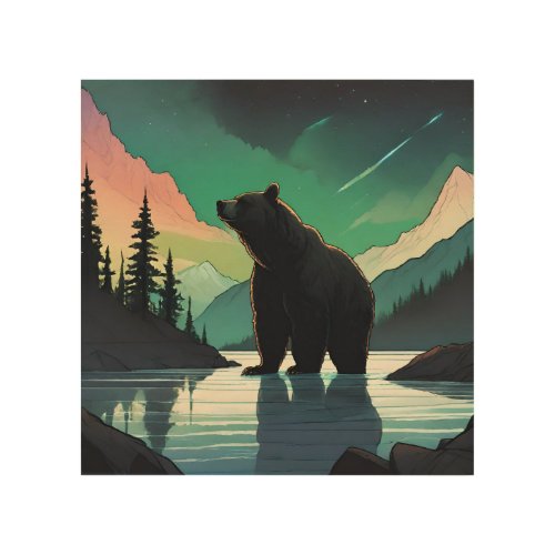 Juneau Alaska grizzly bear aurora northern lights  Wood Wall Art