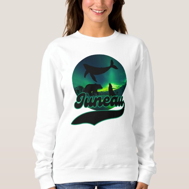 Juneau Alaska Whale Wolf Bear Aurora Northern Ak Sweatshirt (Front)