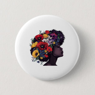 Juneteenth Women Black History Afro Flower Hair St Button