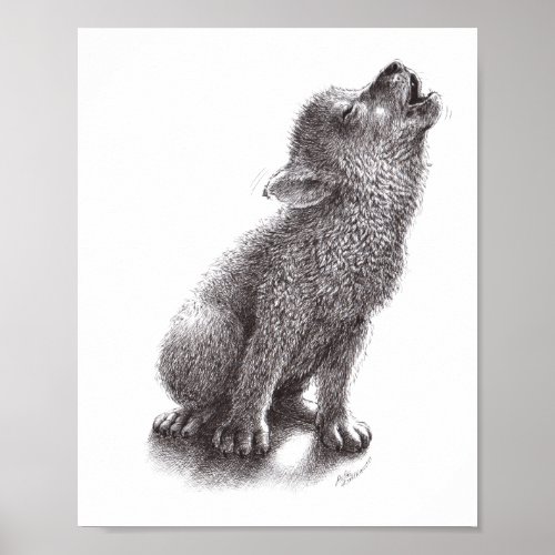 Junger Wolf heult den Mond an Poster
