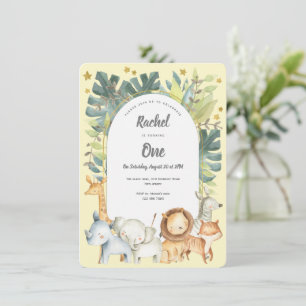 jungle 1st birthday, cute safari animals yellow invitation