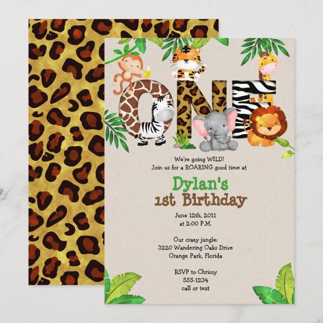 Jungle 1st Birthday Party Invitations (Front/Back)