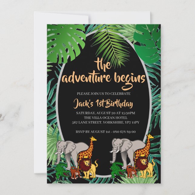 Jungle 1st Birthday The Adventure Begins Safari  Invitation (Front)