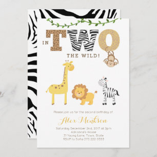 Jungle 2nd Birthday Invites, Monkey Giraffe Zebra Invitation