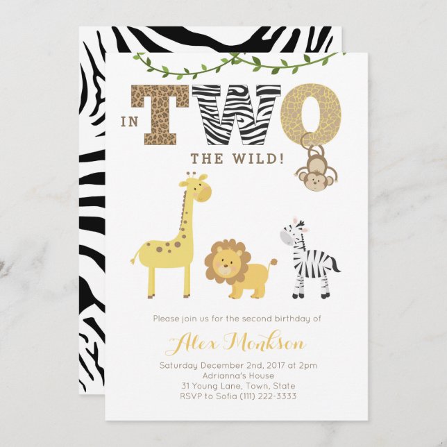 Jungle 2nd Birthday Invites, Monkey Giraffe Zebra Invitation (Front/Back)