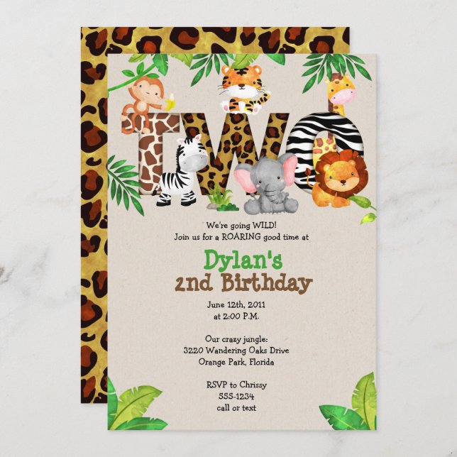 Jungle 2nd Birthday Party Invitations (Front/Back)