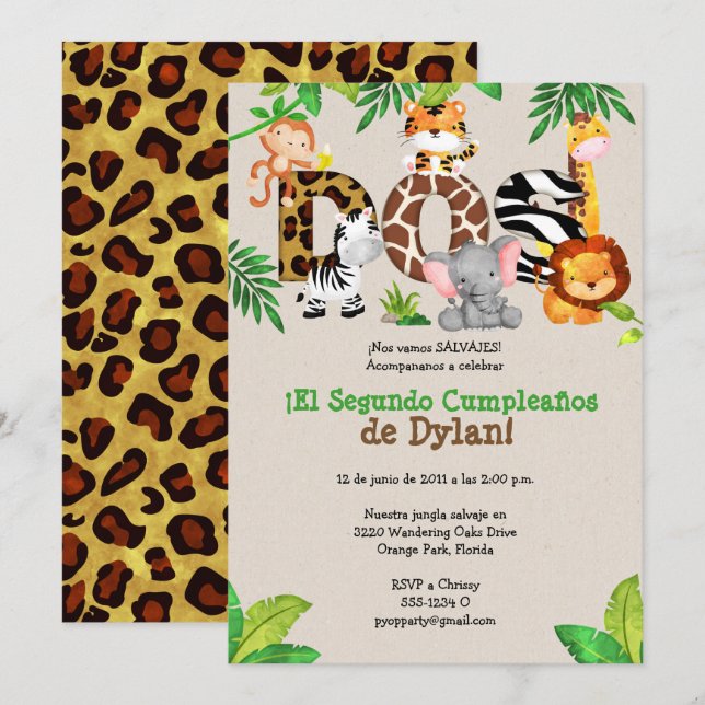 Jungle 2nd Birthday Party Invitations - Español (Front/Back)