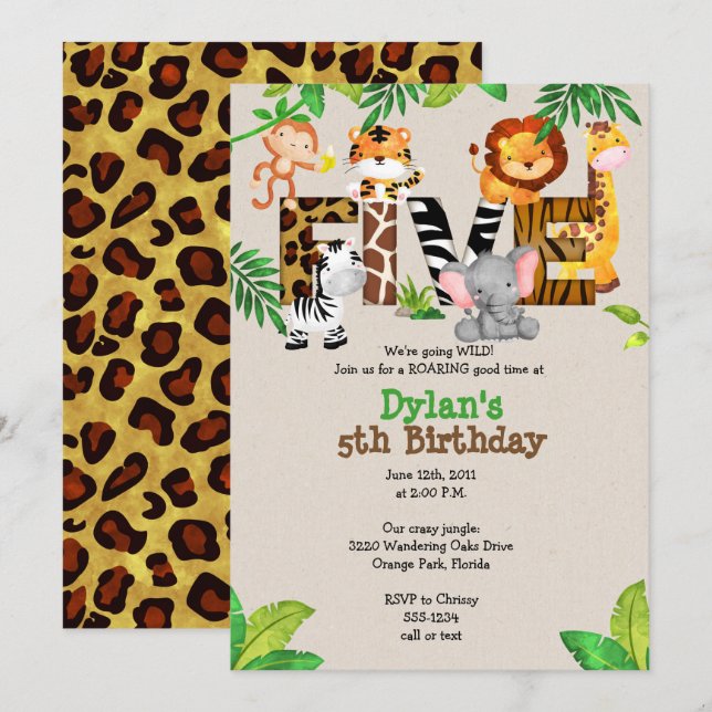 Jungle 5th Birthday Party Invitations (Front/Back)