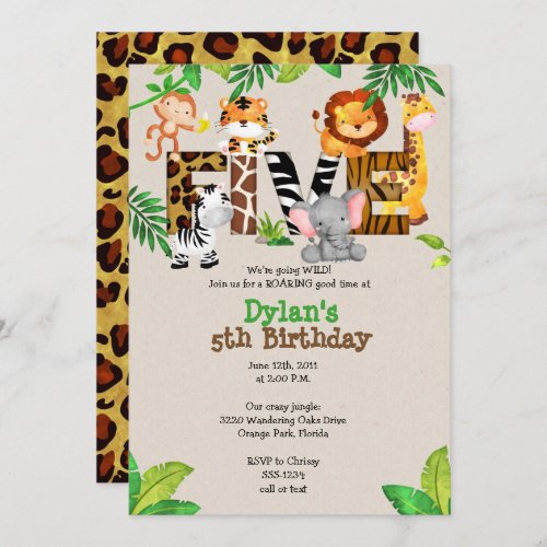 Jungle 5th Birthday Party Invitations