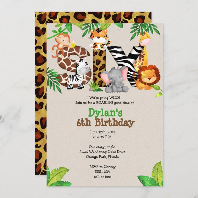 Jungle 6th Birthday Party Invitations (Front/Back)