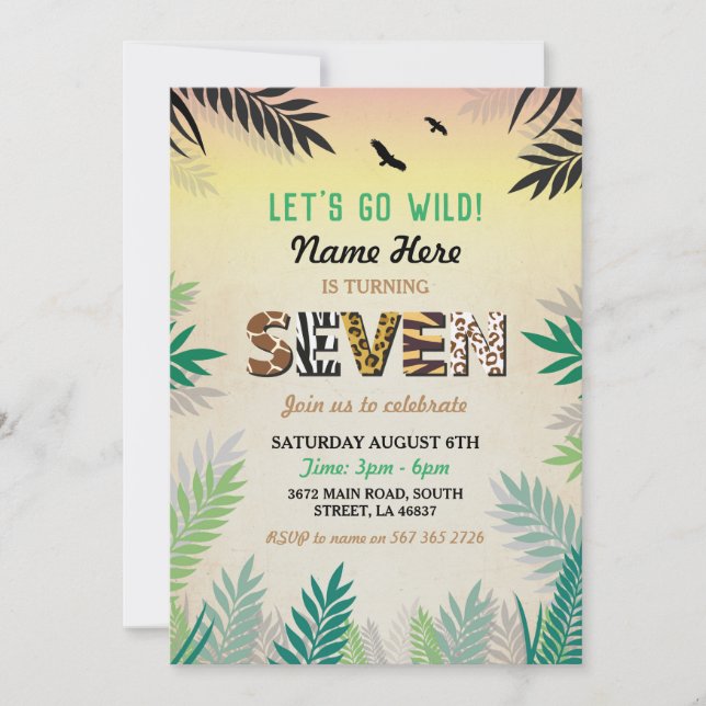 Jungle 7th Birthday Seven Party Safari ZOO Wild Invitation (Front)