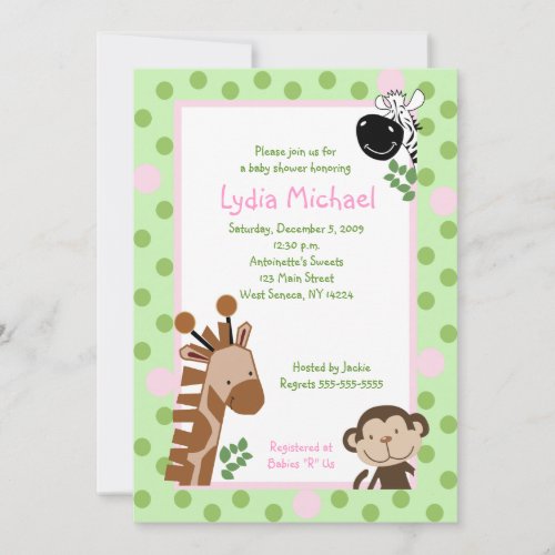 JUNGLE ADVENTURE 5x7 Pink  Green Baby Shower Invitation