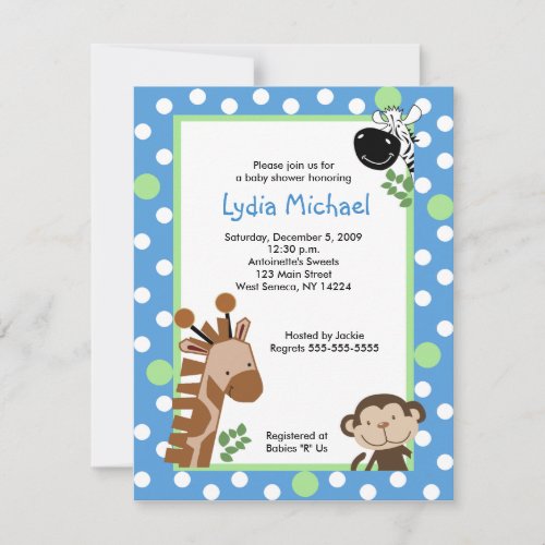 JUNGLE ADVENTURE BLUE 4x5 Baby Shower Invitations