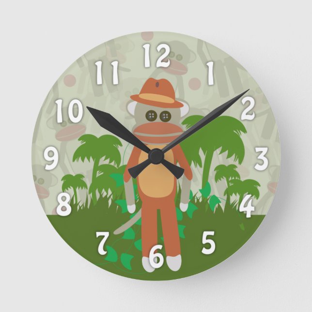 Jungle Adventure Explorer Cartoon Sock Monkey Fun Round Clock (Front)