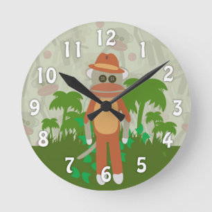 Jungle Adventure Explorer Cartoon Sock Monkey Fun Round Clock