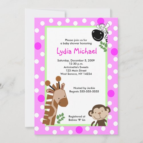 JUNGLE ADVENTURE PINK Safari Baby Shower Invitation