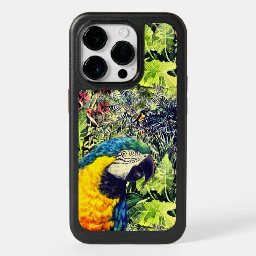 Jungle and a blue yellow macaw OtterBox iPhone 14 pro case