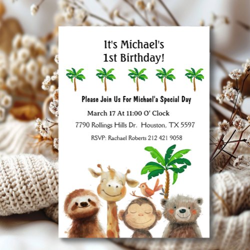 Jungle Animal 1st Birthday Party Invitation