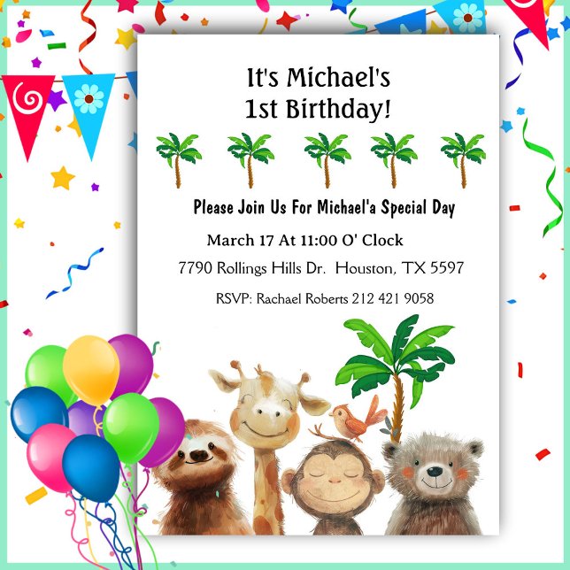 Jungle Animal 1st Birthday Party Invitation (Creator Uploaded)