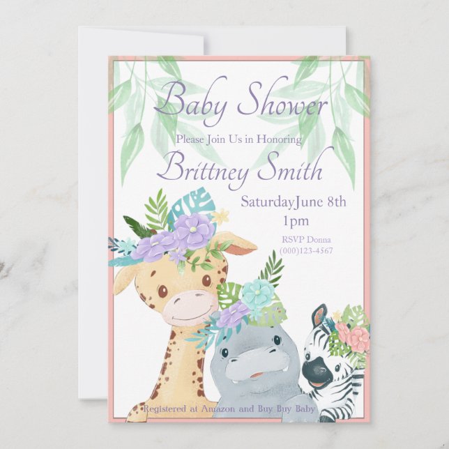 Jungle Animal Baby Shower Invite, Shower Template (Front)