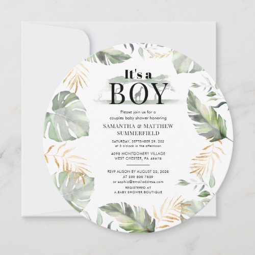 Jungle Animal Botanical Modern Boy Baby Shower Invitation