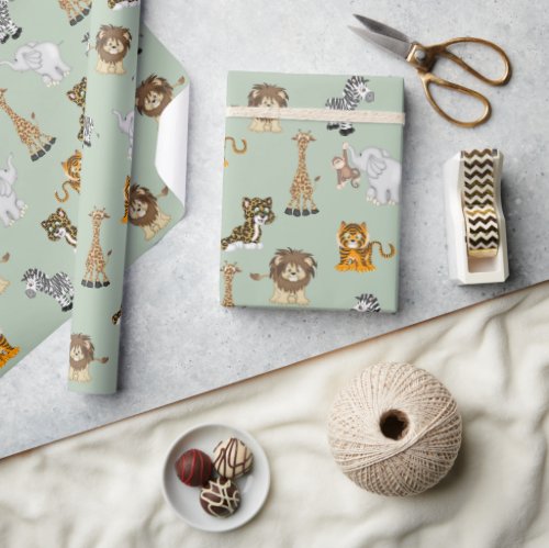 Jungle Animal Collection On Sage Wrapping Paper