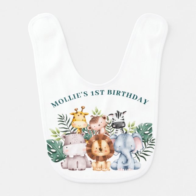 Jungle Animal Cute Girl 1st Birthday Baby Bib (Front)