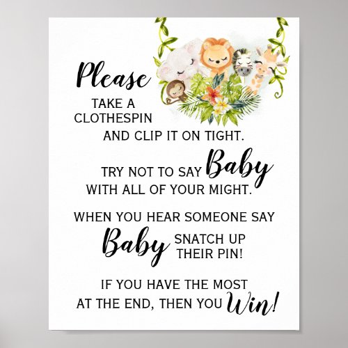 Jungle Animal Dont Say Baby Game Baby Shower Sign