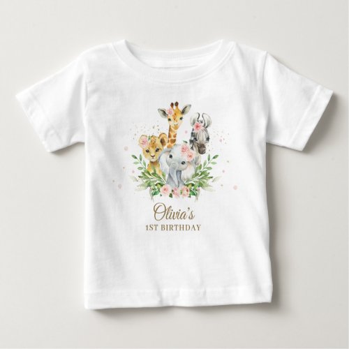 Jungle Animal Pink Floral Girl 1st Birthday Outfit Baby T_Shirt