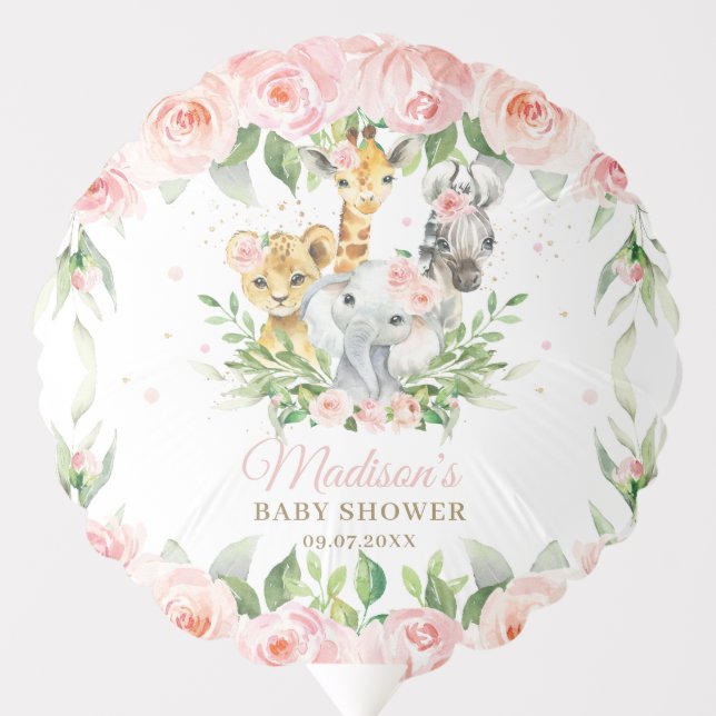Jungle Animal Pink Floral Greenery Baby Shower  Balloon (Front)