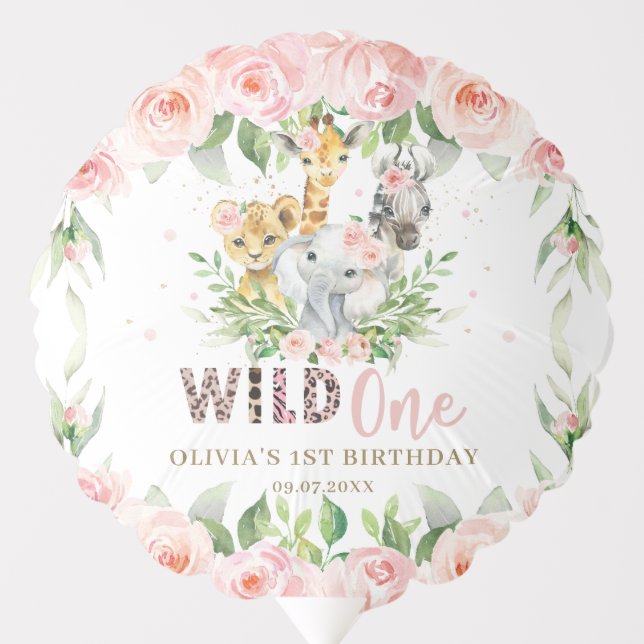 Jungle Animal Pink Floral Wild One 1st Birthday Balloon (Front)